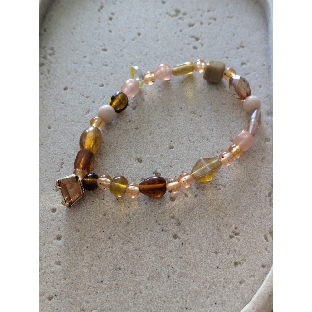 Romantic Beaded Stretch Bracelet In Pinks Earthy Browns And Gold Tones Dangle